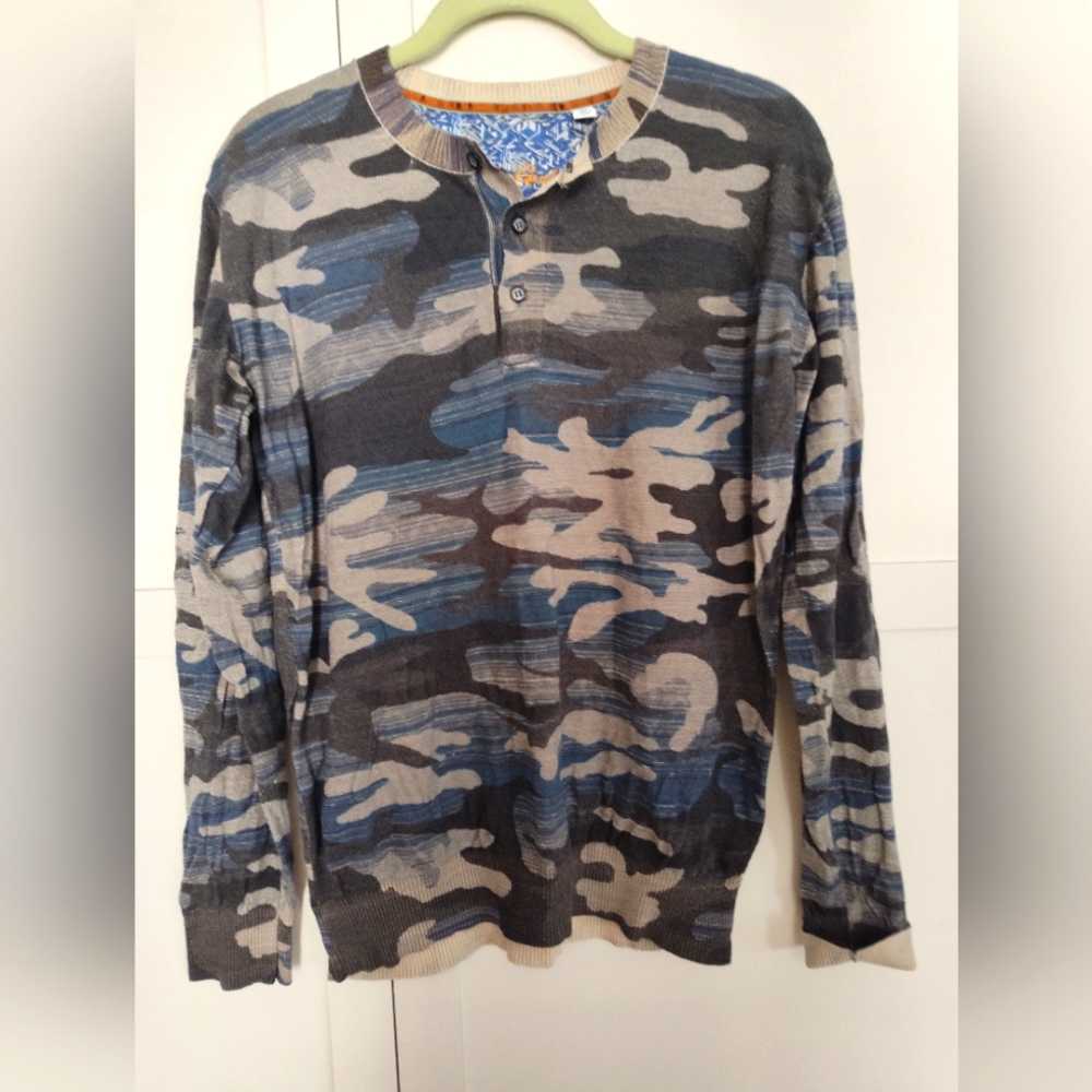 $178 Robert Graham Knit Camo Henley Sweater Men Medium Slender Bodycon Fit